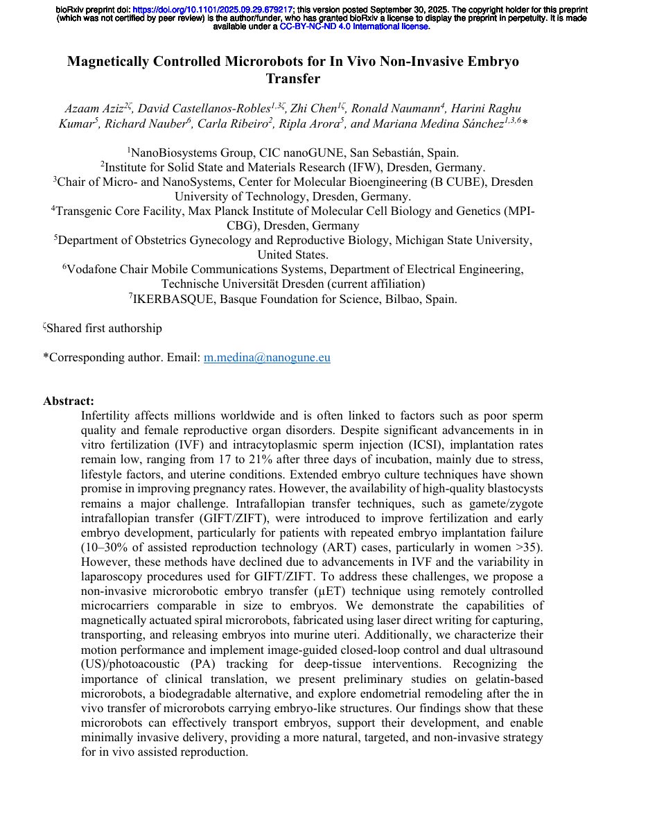 Magnetically Controlled Microrobots for In Vivo Non-Invasive Embryo Transfer &mdash; bioRxiv 2025